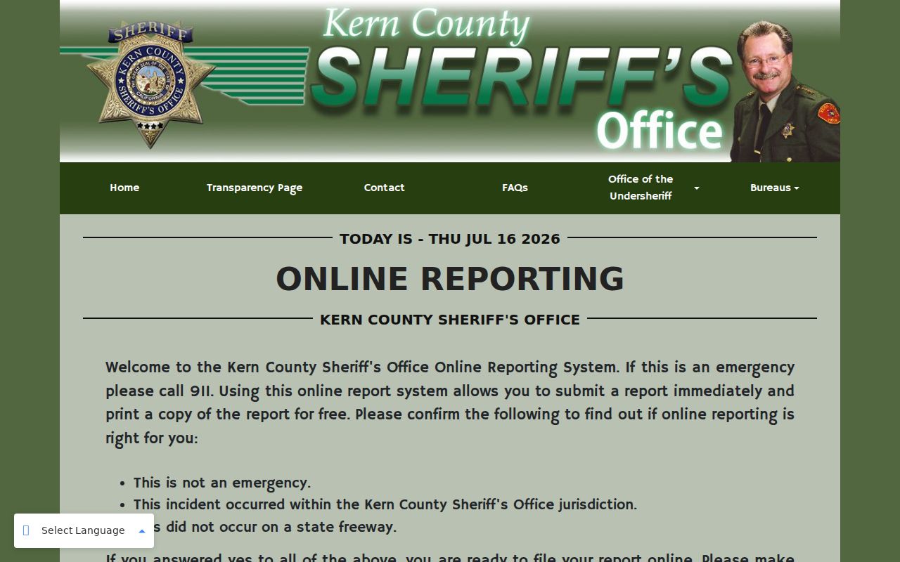 Kern County arrest records KCSO online reporting page