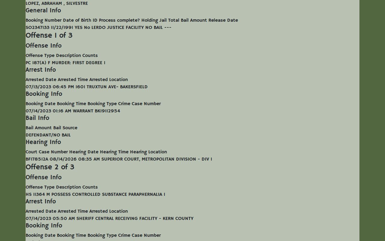 Kern County recent arrest booking record printable fields