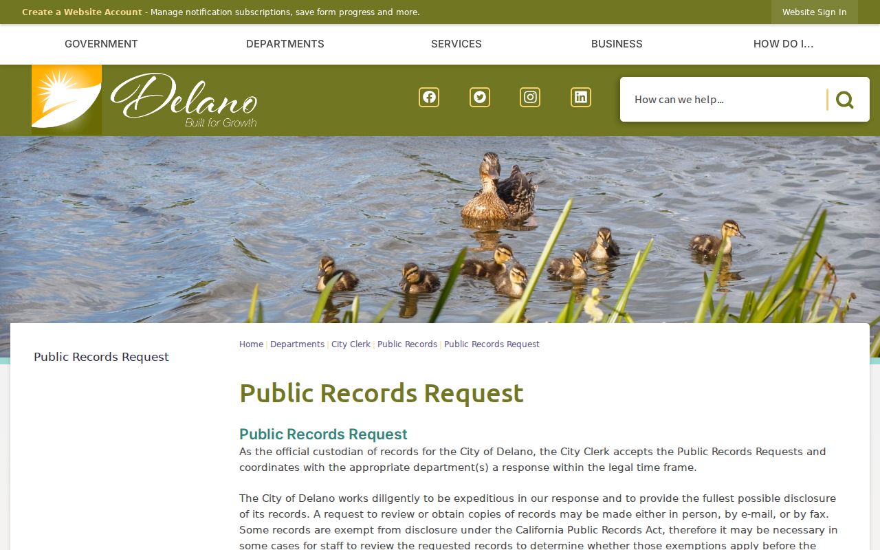 Delano criminal records public request options through the City Clerk