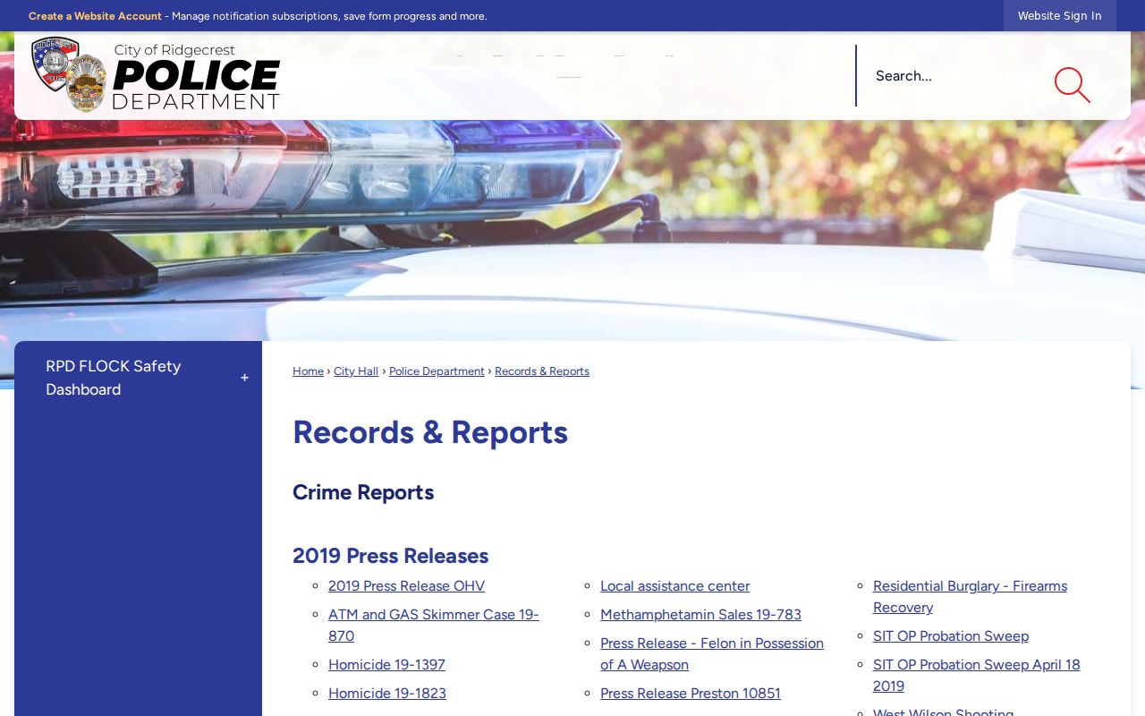 Ridgecrest criminal records and Police Department reports page