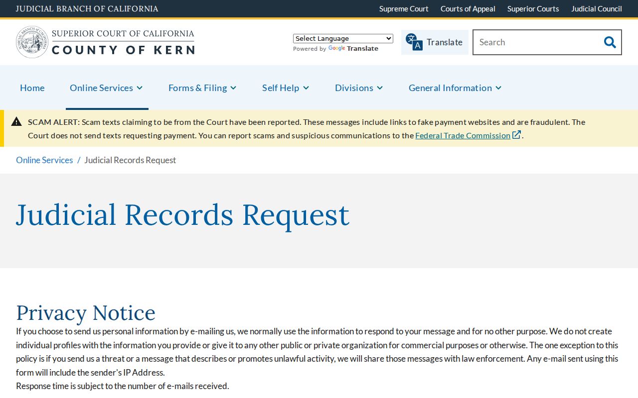 Kern County criminal court records judicial request form