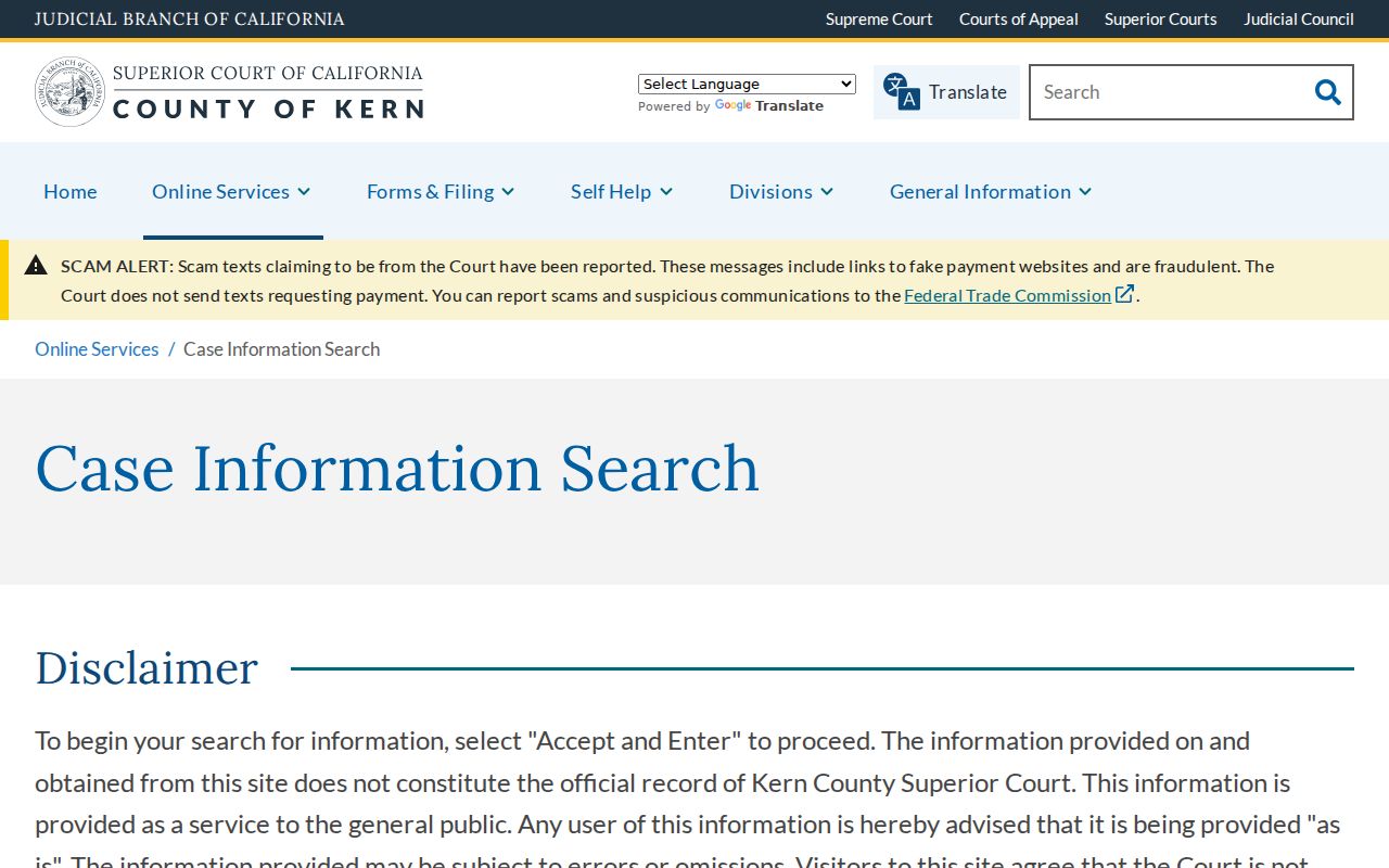 Kern County criminal court case search landing page