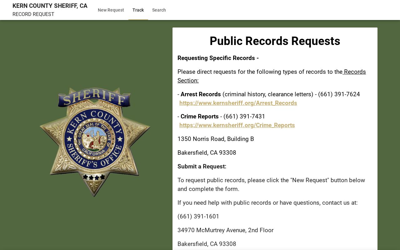 Kern County Sheriff's Office JustFOIA records request portal
