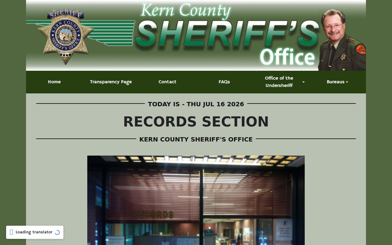 Kern County Sheriff's Office Records Section contact page
