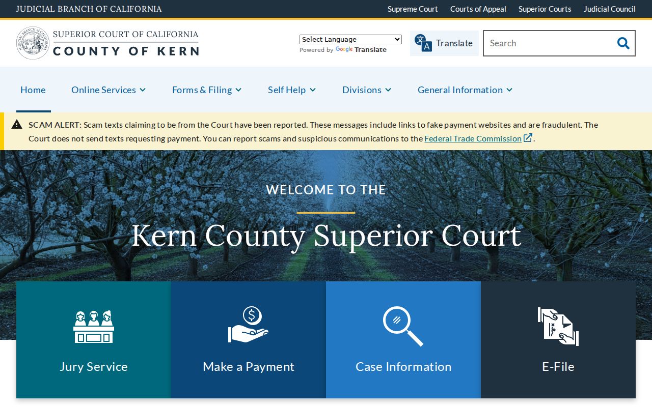 Kern Superior Court homepage and online service links