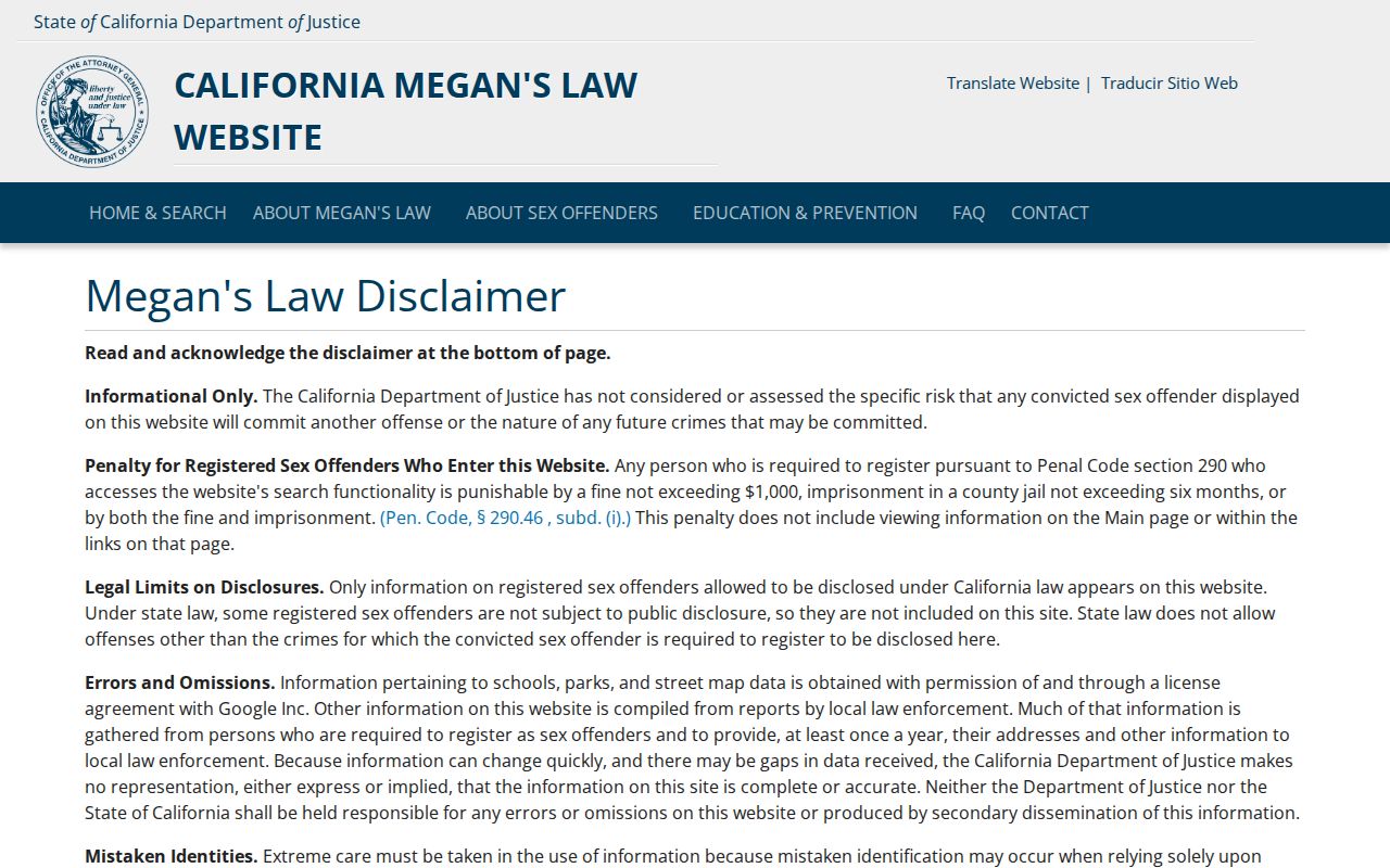 California Megan's Law disclaimer and search entry