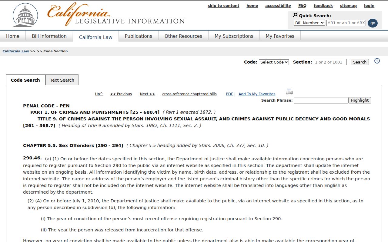 California Penal Code section 290.46 public registry law