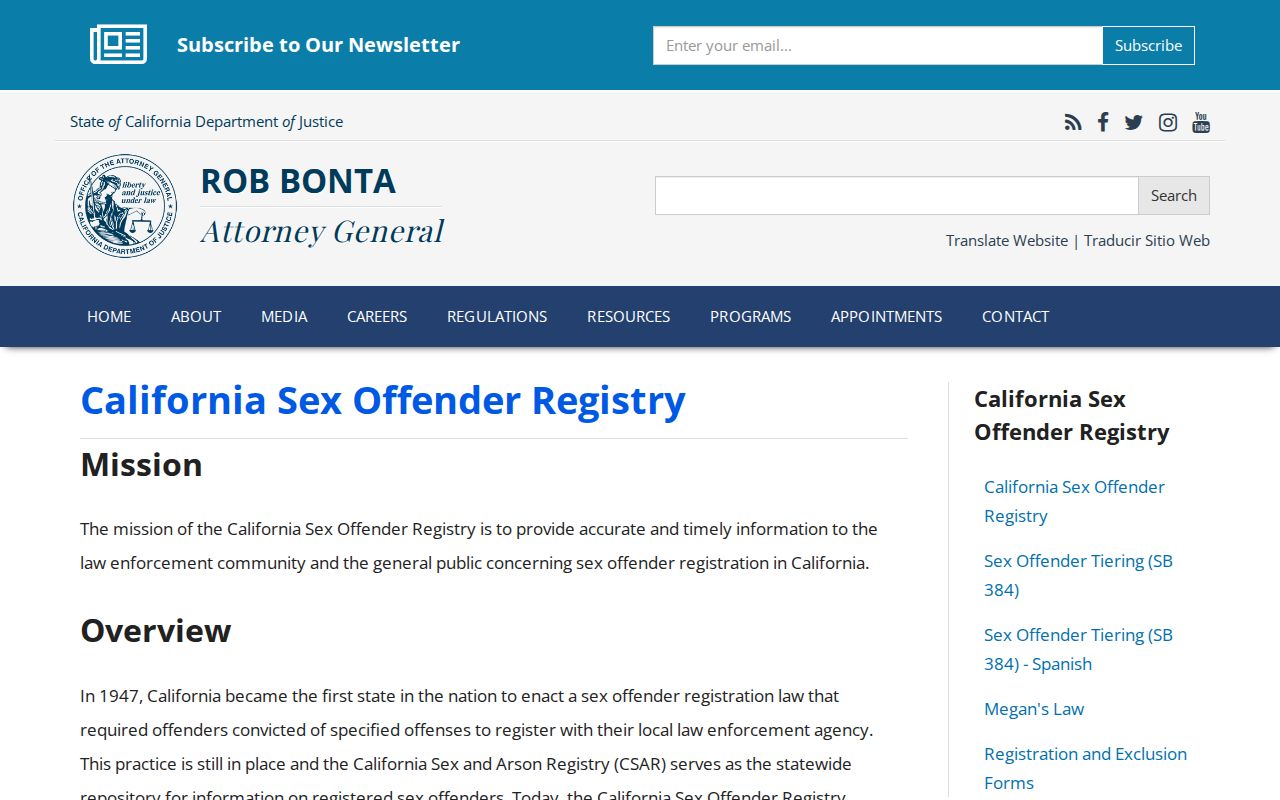California DOJ Sex Offender Registry overview page