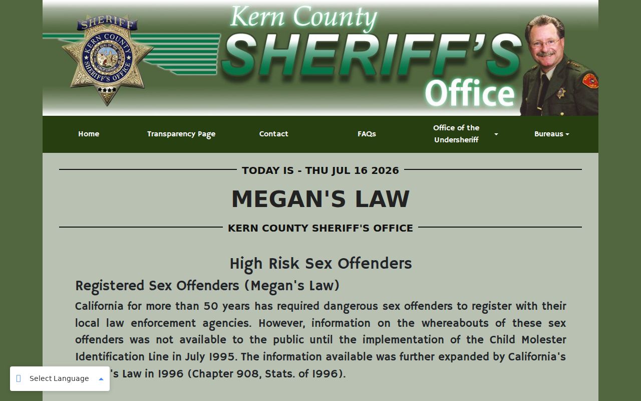 Kern County Sheriff Megan's Law information page
